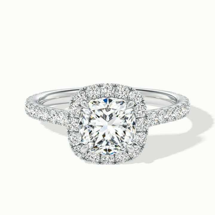 Jini 1 Carat Cushion Cut Halo Pave Moissanite Diamond Ring in Platinum