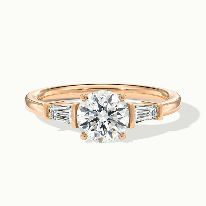 Hope 3 Carat Round 3 Stone Moissanite Diamond Ring With Side Baguette Diamonds in 10k Rose Gold