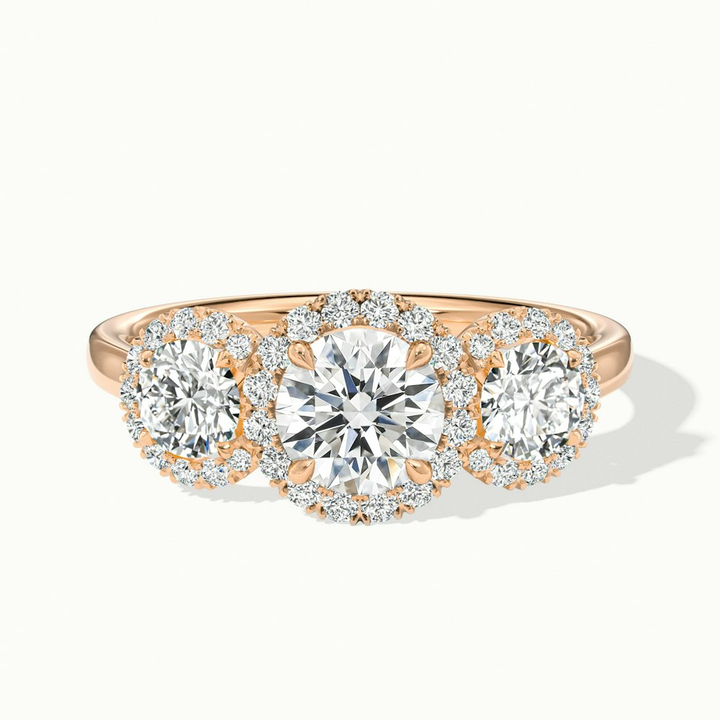 Emma 3 Carat Three Stone Round Halo Moissanite Engagement Ring in 10k Rose Gold