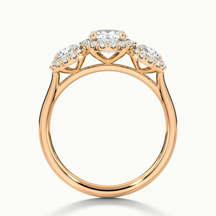 Flora 5 Carat Three Stone Round Halo Lab Grown Diamond Ring in 18k Rose Gold