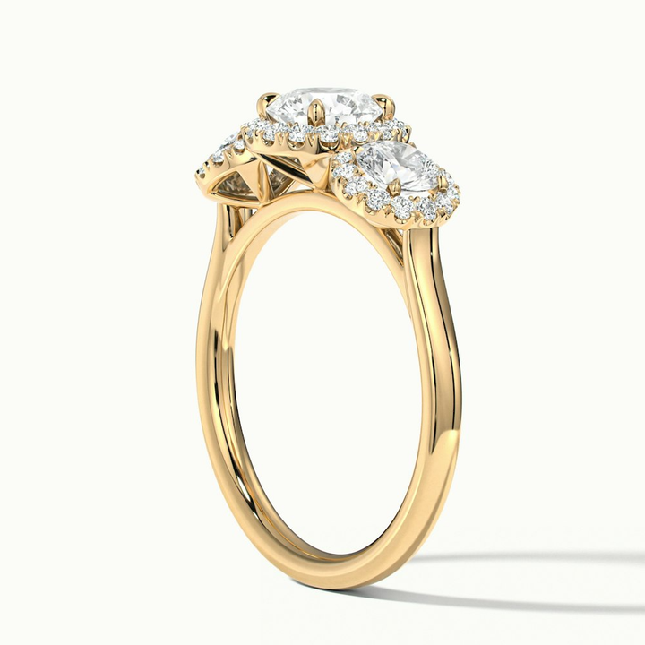 Flora 3 Carat Three Stone Round Halo Lab Grown Diamond Ring in 10k Yellow Gold