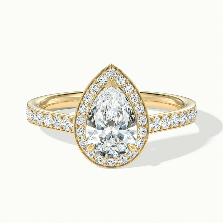 Elena 3 Carat Pear Halo Pave Moissanite Diamond Ring in 10k Yellow Gold