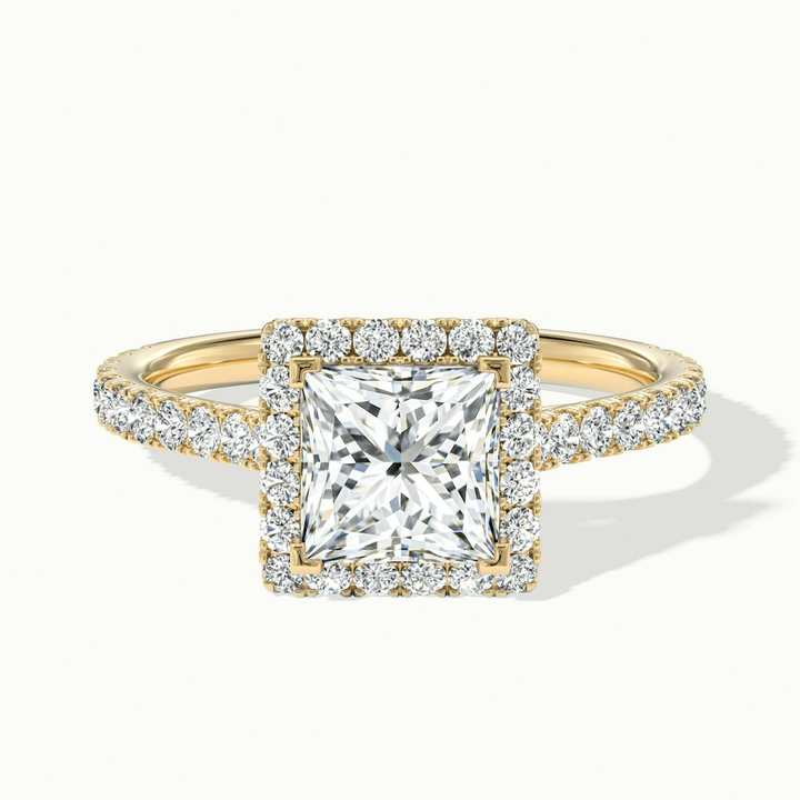 Rose 2 Carat Princess Halo Pave Moissanite Engagement Ring in 10k Yellow Gold