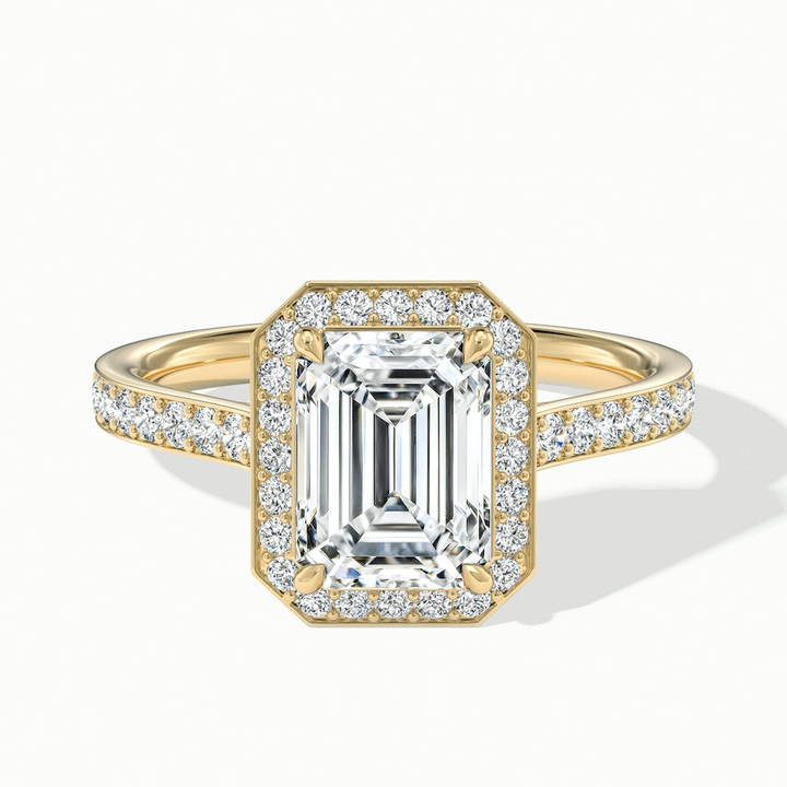 Zoya 5 Carat Emerald Cut Halo Pave Moissanite Engagement Ring in 18k Yellow Gold